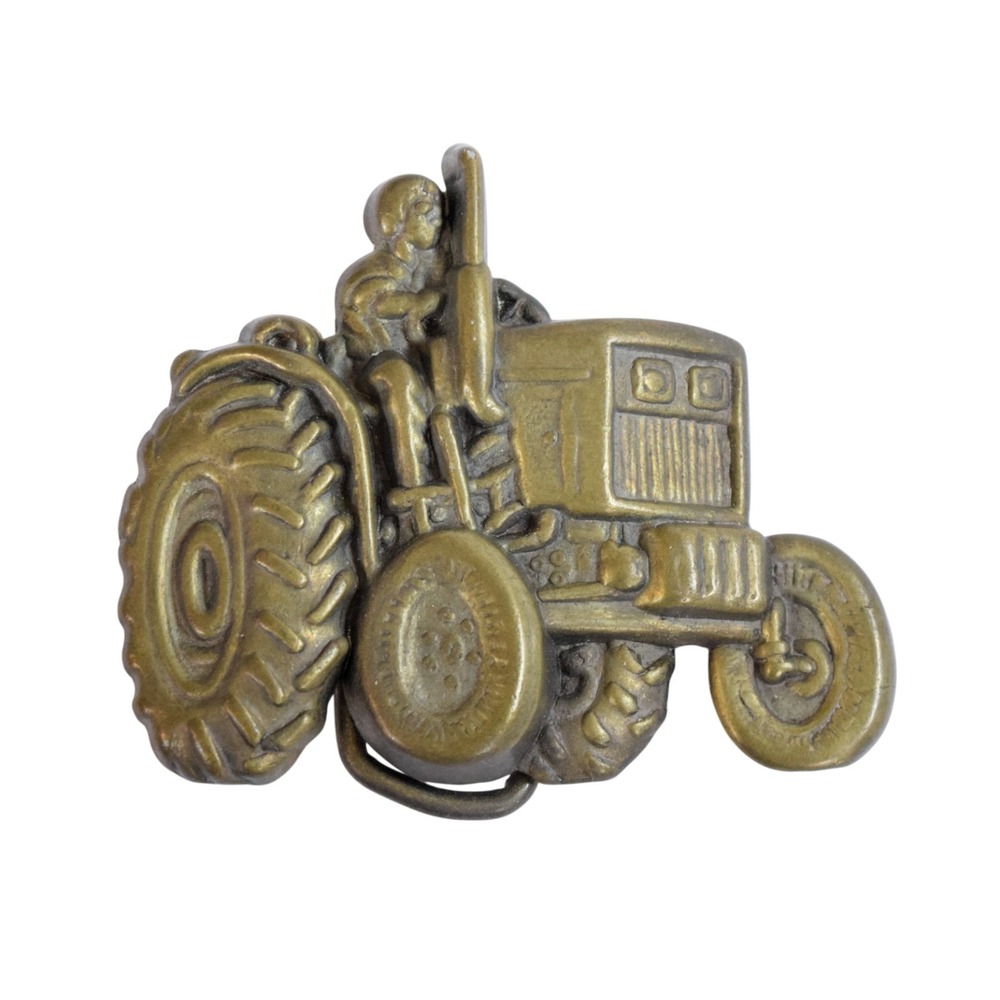 VTG Farm Tractor Belt Buckle Solid Brass Figural Driver Agriculture Machinery